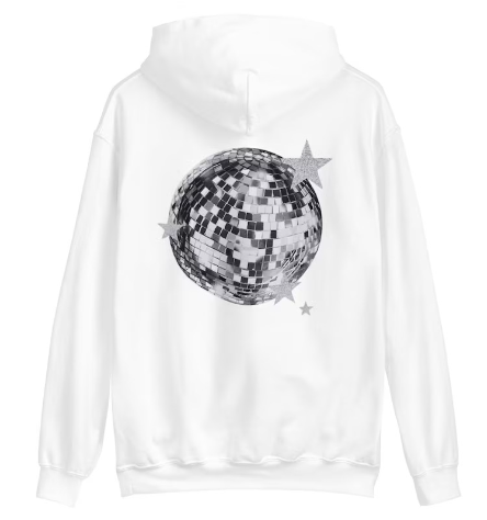 DiscoVibe Hoodie - Weißer Damen-Kapuzenpulli mit Discoball-Aufdruck - Trendy und Uniekv