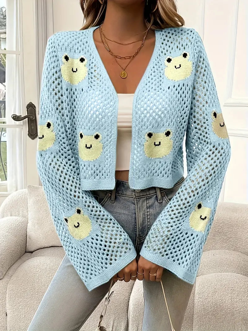 Serie - Roztomilý otvorený pletený sveter s motívom žaby pre veselý vzhľad