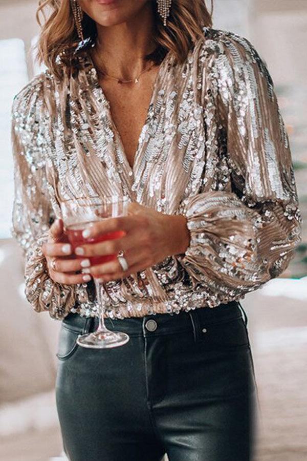 Ilse bluse | Glitrende glimmer V-hals top til glamourøse festlige lejligheder