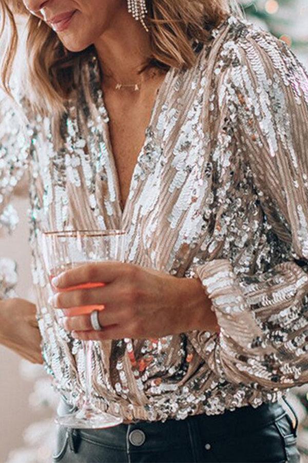 Ilse bluse | Glitrende glimmer V-hals top til glamourøse festlige lejligheder