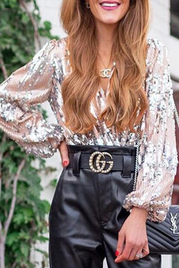 Ilse bluse | Glitrende glimmer V-hals top til glamourøse festlige lejligheder