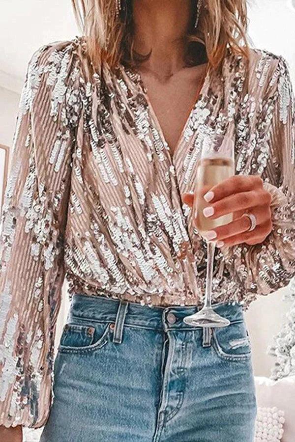 Ilse bluse | Glitrende glimmer V-hals top til glamourøse festlige lejligheder