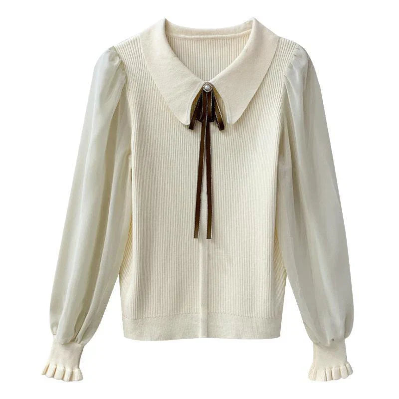 Maglione elegante in chiffon | Maglione elegante con maniche a lanterna e colletto