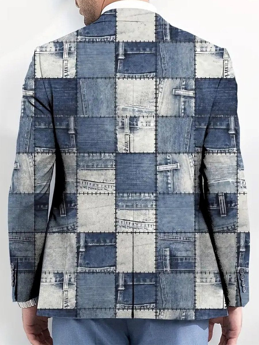Pánsky blejzer z denimu s patchworkovým potlačou a viacerými vreckami - moderný a štýlový
