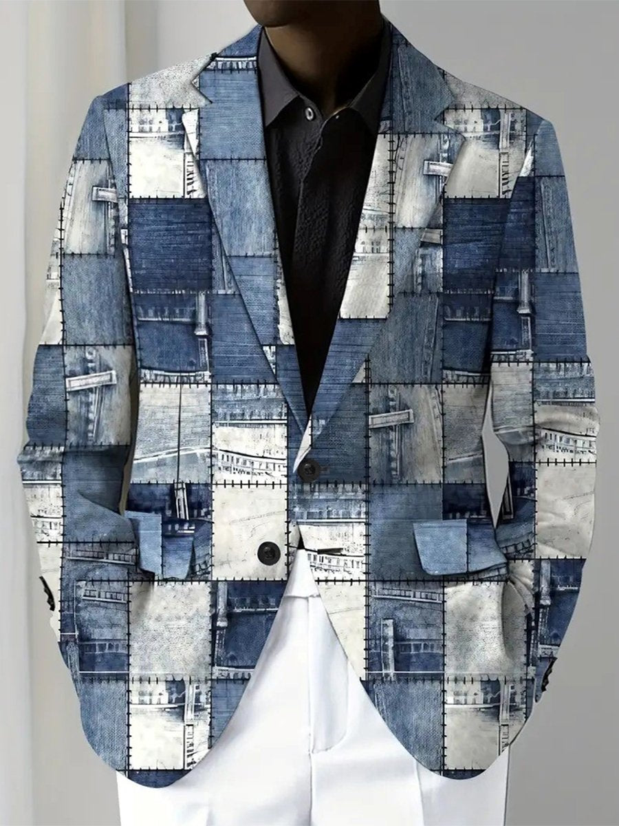 Pánsky blejzer z denimu s patchworkovým potlačou a viacerými vreckami - moderný a štýlový