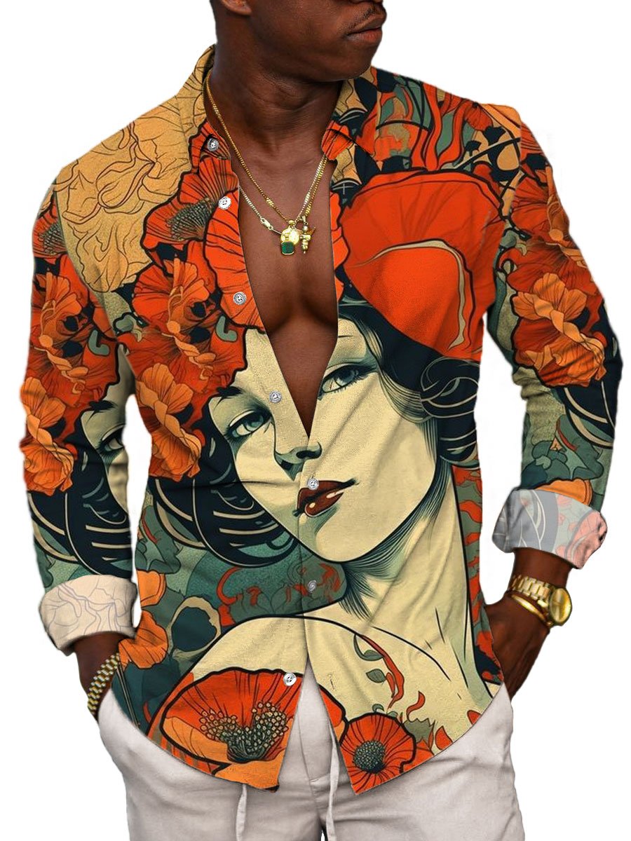 Pánska retro krása potlač bežná košeľa s dlhým rukávom - jedinečná a štýlová