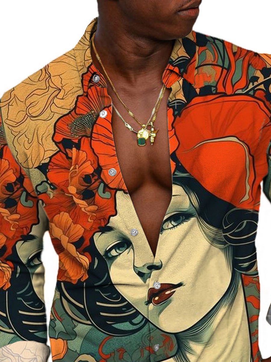 Pánska retro krása potlač bežná košeľa s dlhým rukávom - jedinečná a štýlová