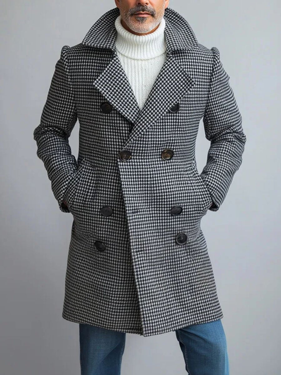 Pánska dvojradová károvaná teplá vlnená bunda - elegantná a štýlová
