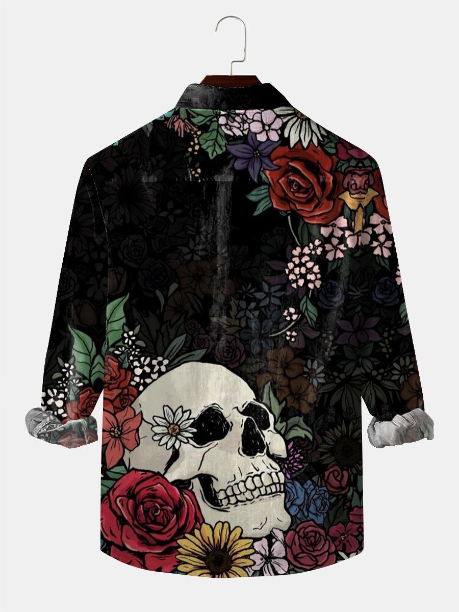 Pánska resortná košeľa s lebkou a kvetinovým vzorom s dlhým rukávom - jedinečná a pohodlná