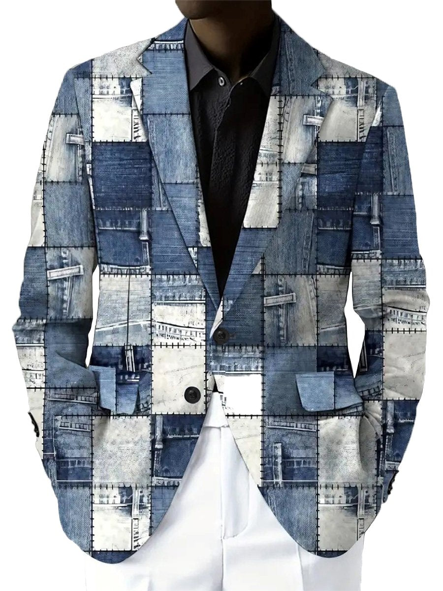 Pánsky blejzer z denimu s patchworkovým potlačou a viacerými vreckami - moderný a štýlový