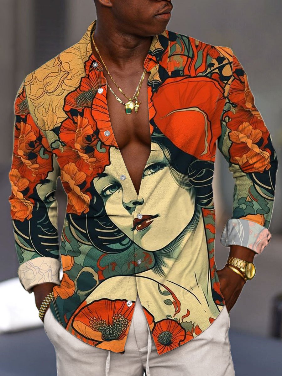 Pánska retro krása potlač bežná košeľa s dlhým rukávom - jedinečná a štýlová