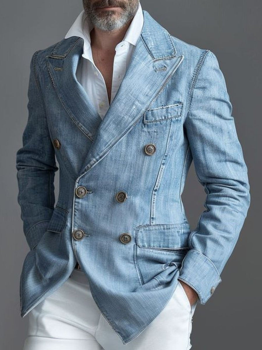 Pánsky neformálny denimový blejzer s dvojitým zapínaním na gombíky a vreckami - štýlový
