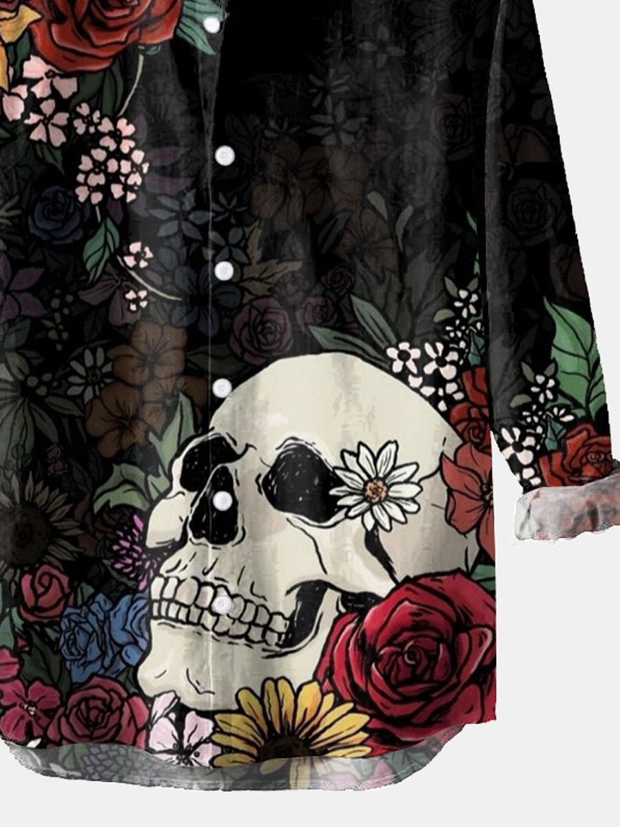 Pánska resortná košeľa s lebkou a kvetinovým vzorom s dlhým rukávom - jedinečná a pohodlná