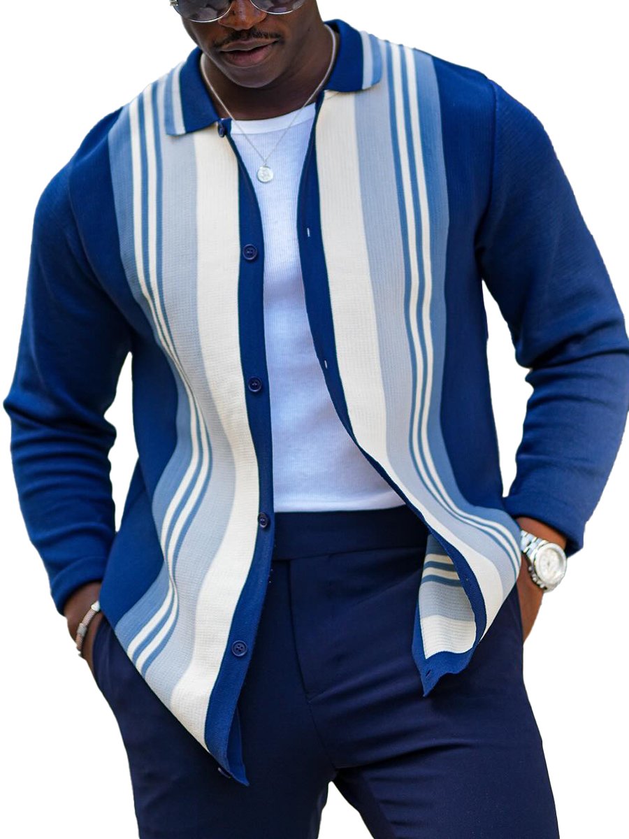 Pánsky pruhovaný pletený sveter s klopami a gombíkovou légou - Štýlový a ležérny