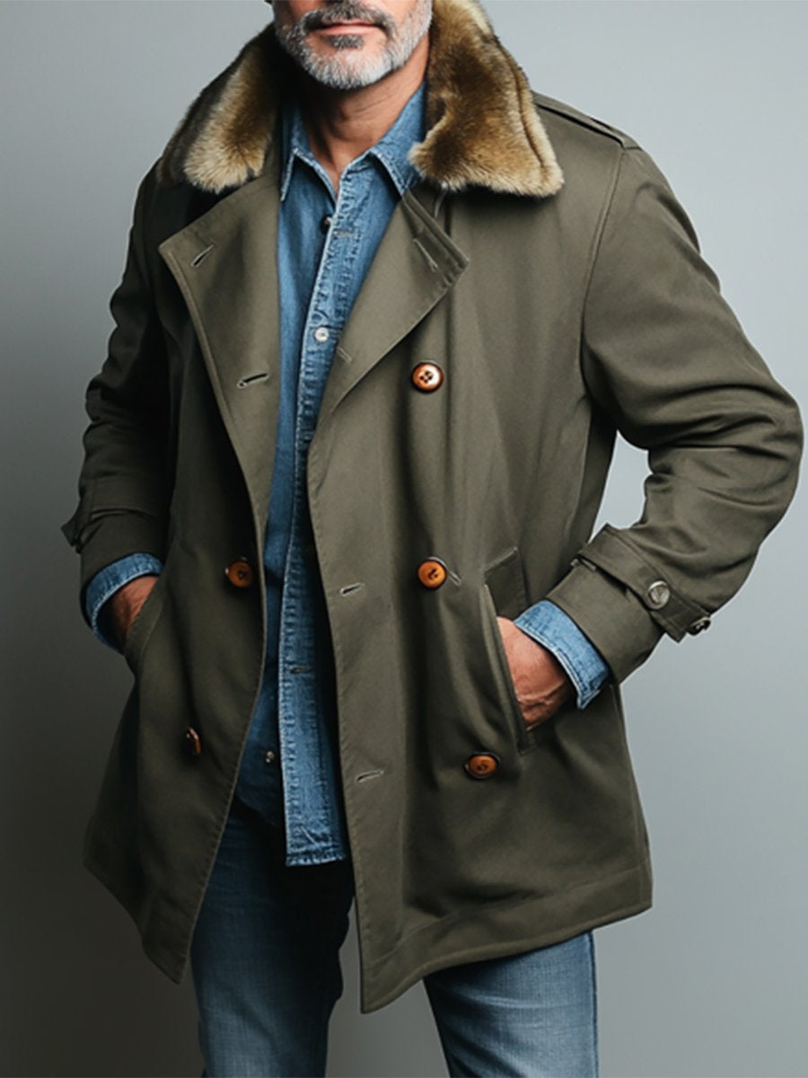 Pánska neformálna plyšová dvojradová stredne dlhá cargo bunda - štýlová a teplá