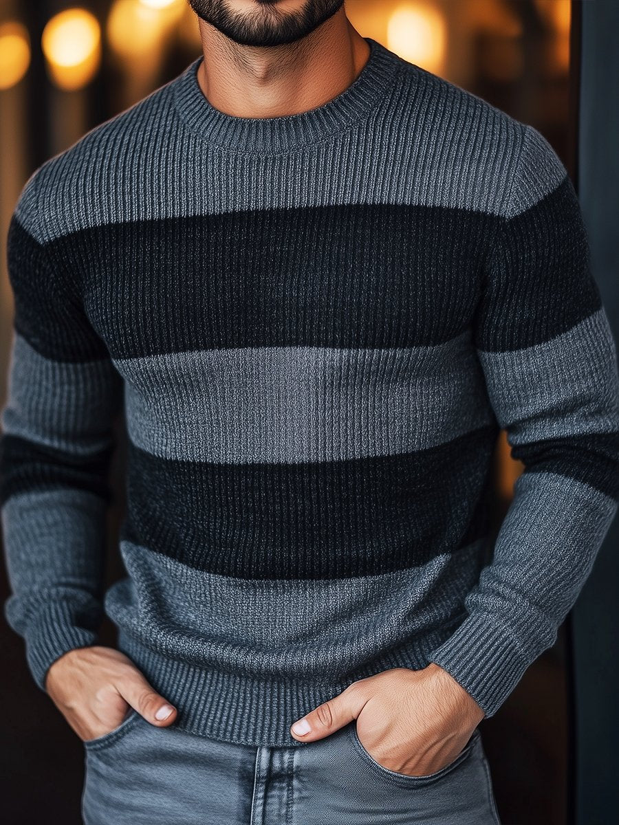 Pánsky retro pulóver s pruhovaným okrúhlym výstrihom - Pohodlný a štýlový