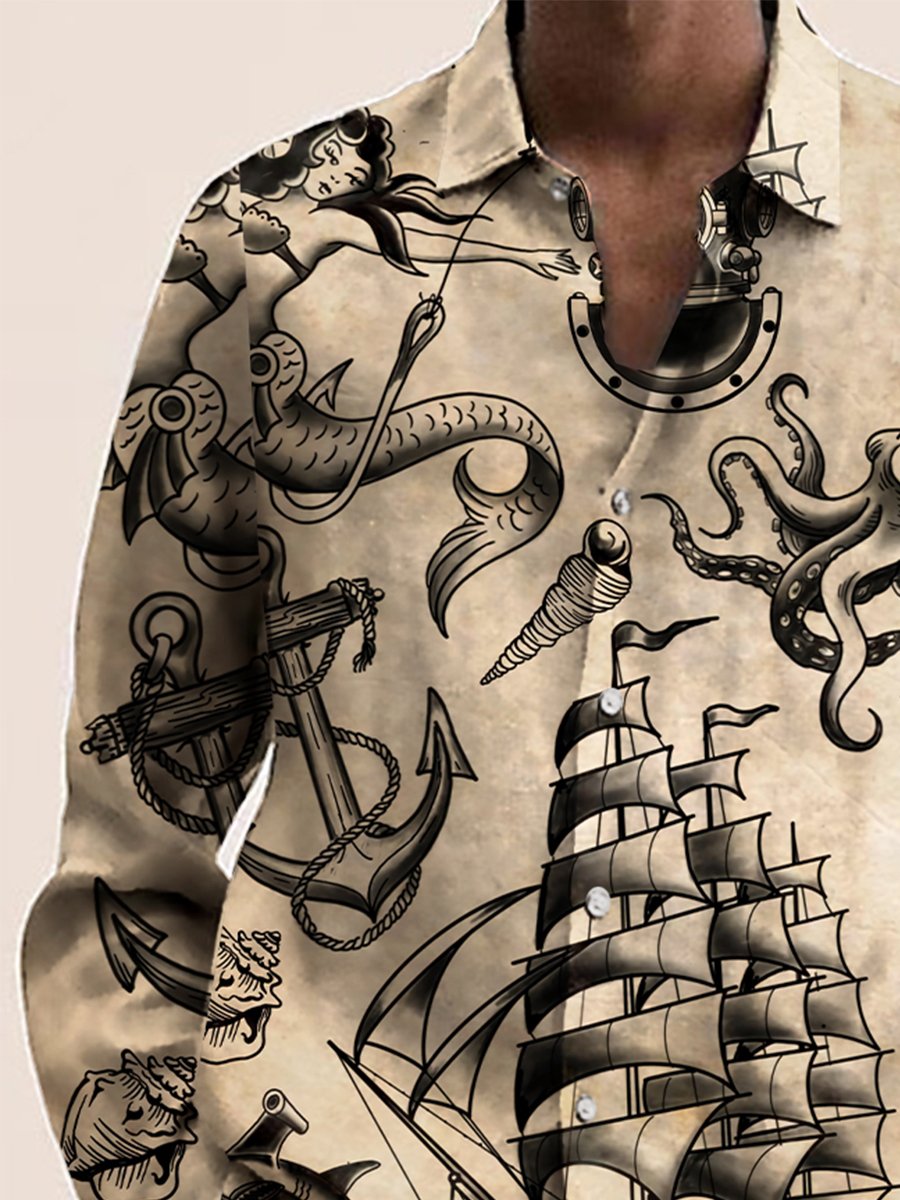 Pánske neformálne námornícke modré tričko s potlačou dlhý rukáv Hawaii košeľa – pohodlné