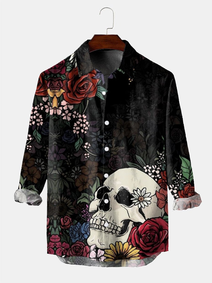 Pánska resortná košeľa s lebkou a kvetinovým vzorom s dlhým rukávom - jedinečná a pohodlná