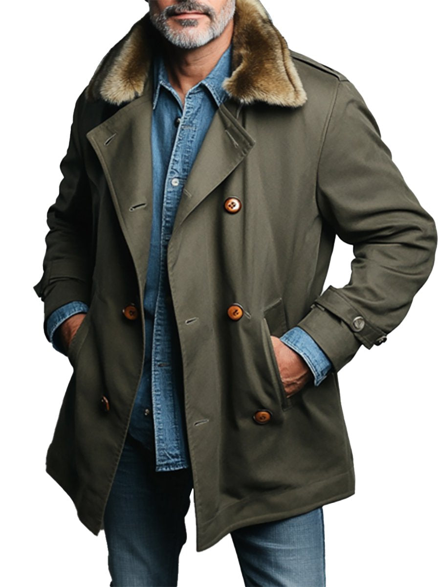 Pánska neformálna plyšová dvojradová stredne dlhá cargo bunda - štýlová a teplá