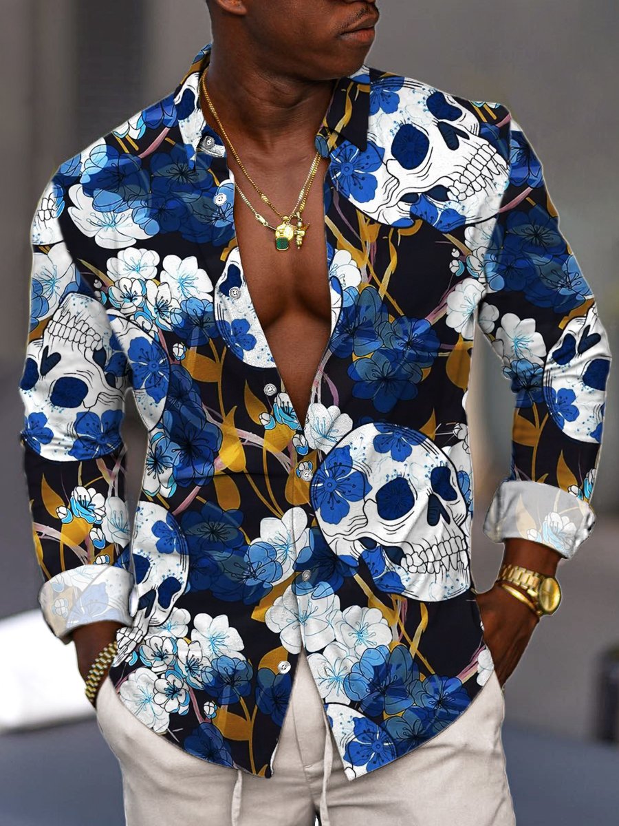 Pánska košeľa s dlhým rukávom v vintage štýle s potlačou lebky a kvetov - Štýlové