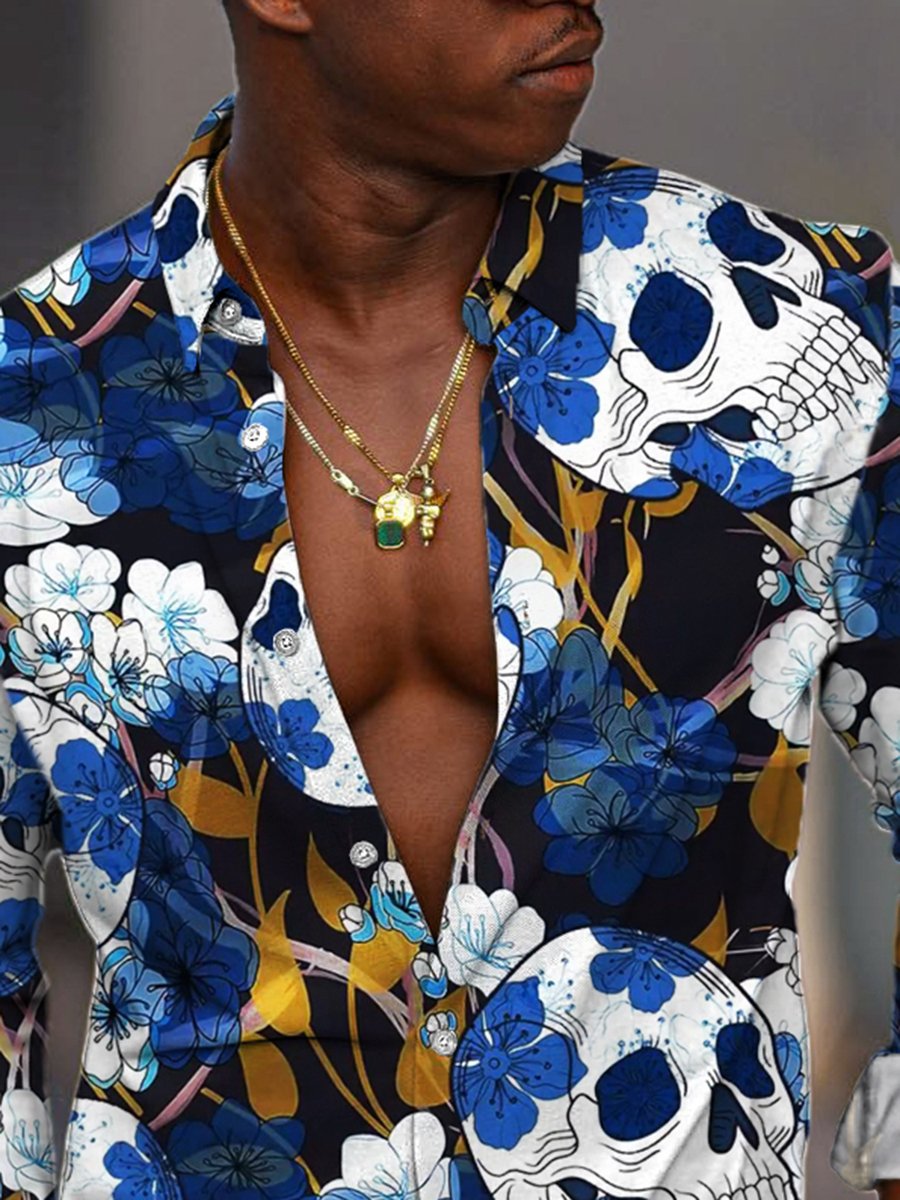 Pánska košeľa s dlhým rukávom v vintage štýle s potlačou lebky a kvetov - Štýlové