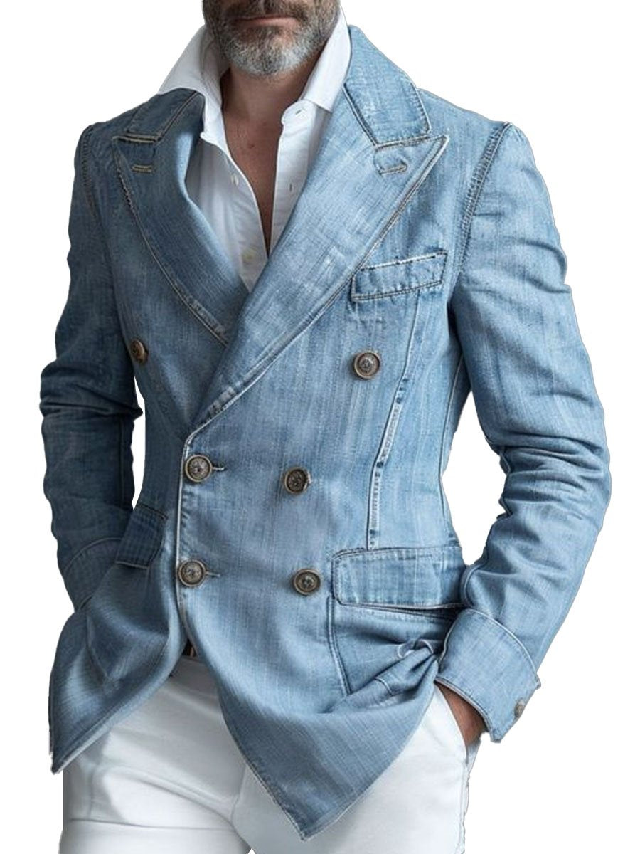 Pánsky neformálny denimový blejzer s dvojitým zapínaním na gombíky a vreckami - štýlový