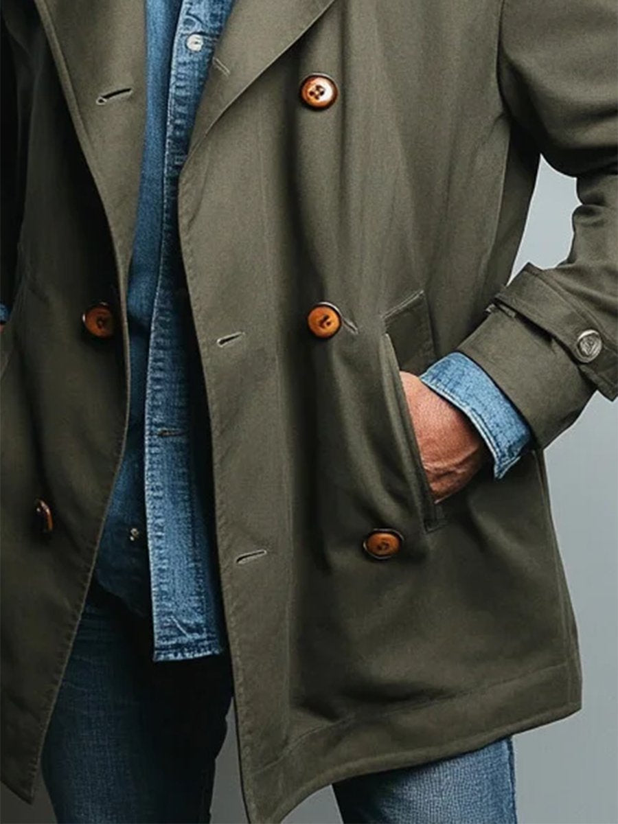 Pánska neformálna plyšová dvojradová stredne dlhá cargo bunda - štýlová a teplá