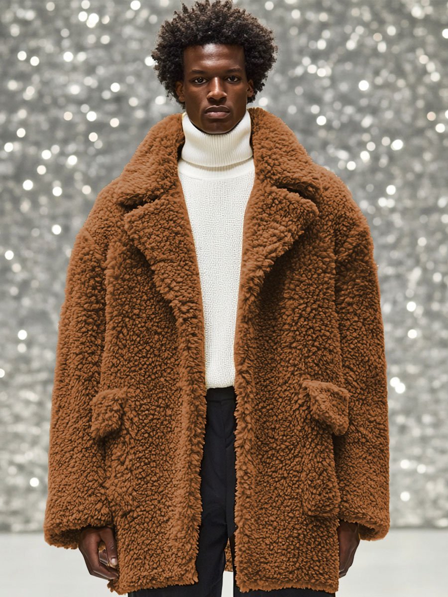 Teplá pánska plyšová bunda s klopami a dvojitými vreckami - Klasická a štýlová