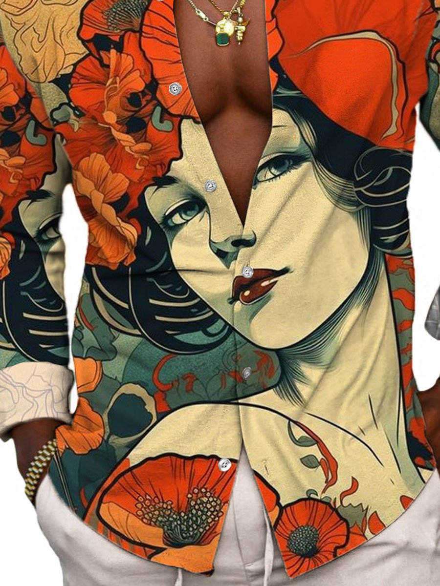 Pánska retro krása potlač bežná košeľa s dlhým rukávom - jedinečná a štýlová