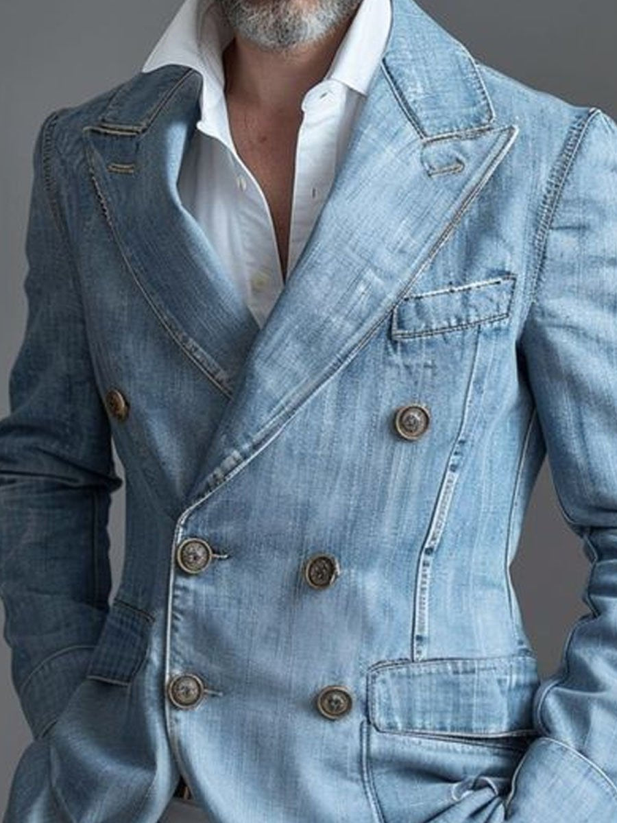 Pánsky neformálny denimový blejzer s dvojitým zapínaním na gombíky a vreckami - štýlový