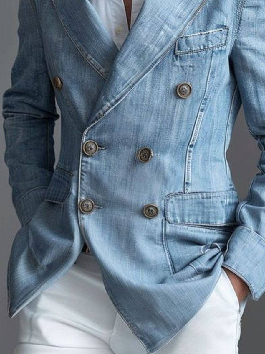Pánsky neformálny denimový blejzer s dvojitým zapínaním na gombíky a vreckami - štýlový