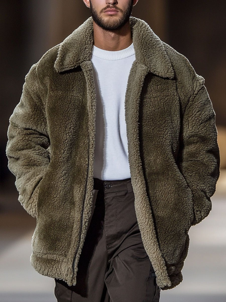 Pánska mikina z plyšového materiálu so zipsom a dvojitými vreckami - teplá a štýlová