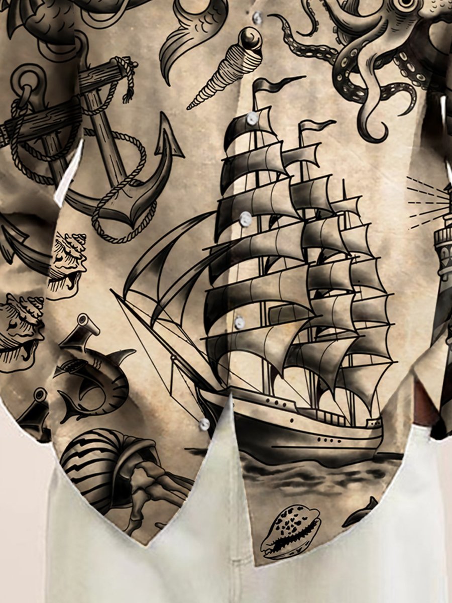 Pánske neformálne námornícke modré tričko s potlačou dlhý rukáv Hawaii košeľa – pohodlné