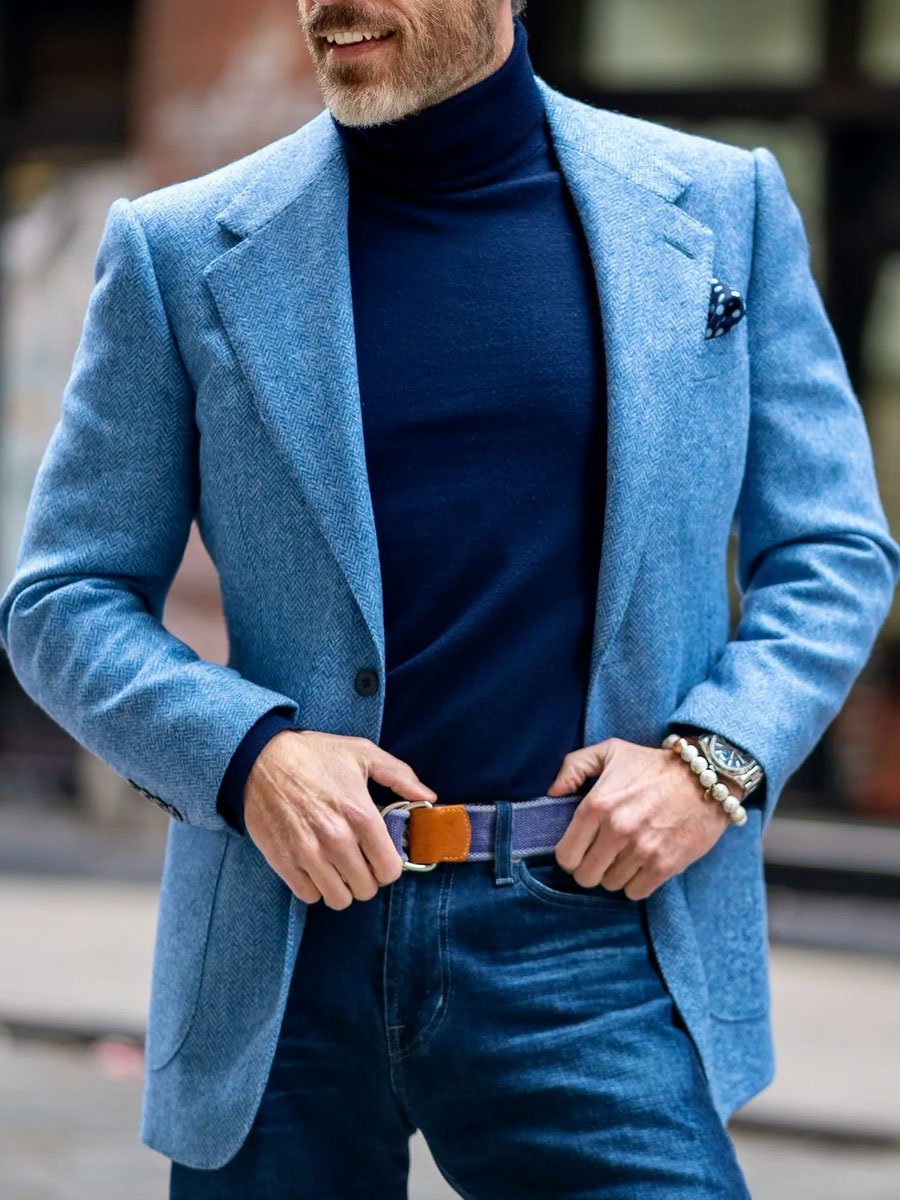 Pánsky blejzer s klopami z vlny v vintage vzore rybej kosti - nadčasový štýl