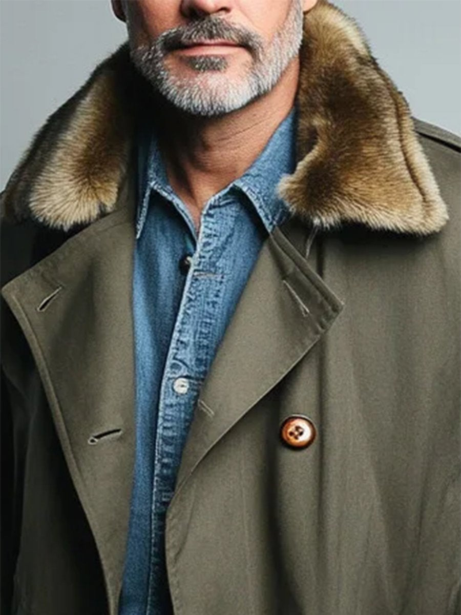 Pánska neformálna plyšová dvojradová stredne dlhá cargo bunda - štýlová a teplá