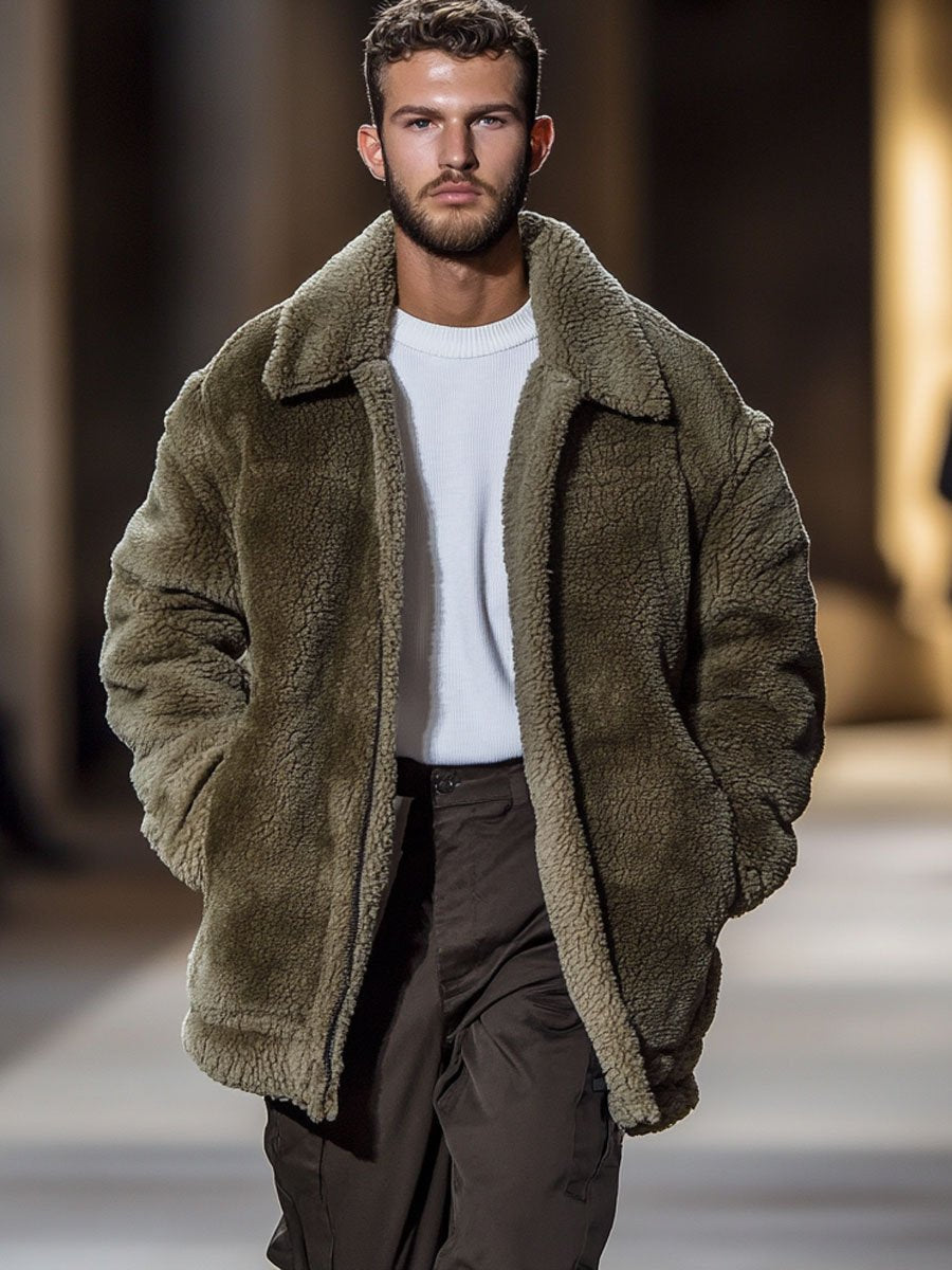 Pánska mikina z plyšového materiálu so zipsom a dvojitými vreckami - teplá a štýlová