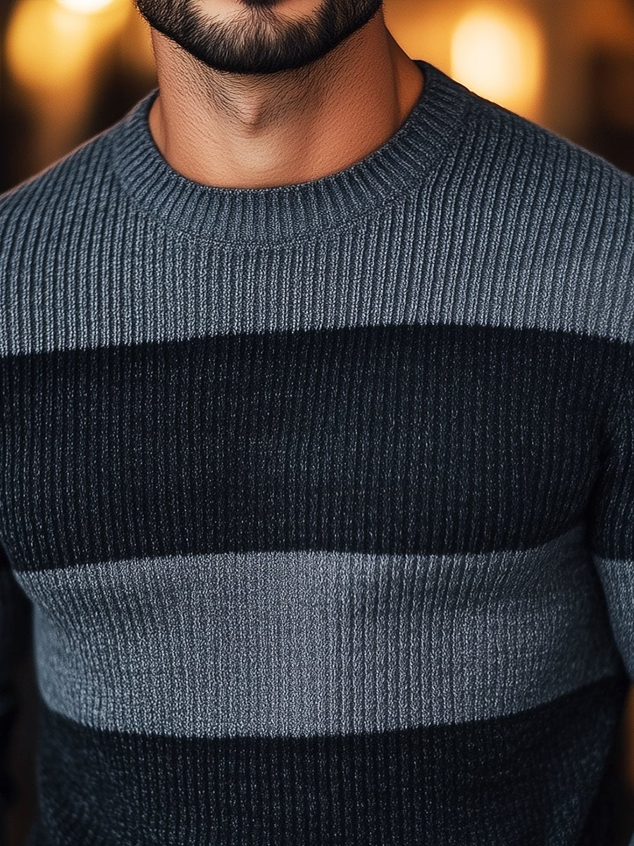 Pánsky retro pulóver s pruhovaným okrúhlym výstrihom - Pohodlný a štýlový