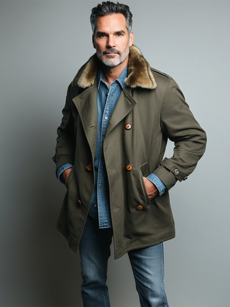 Pánska neformálna plyšová dvojradová stredne dlhá cargo bunda - štýlová a teplá