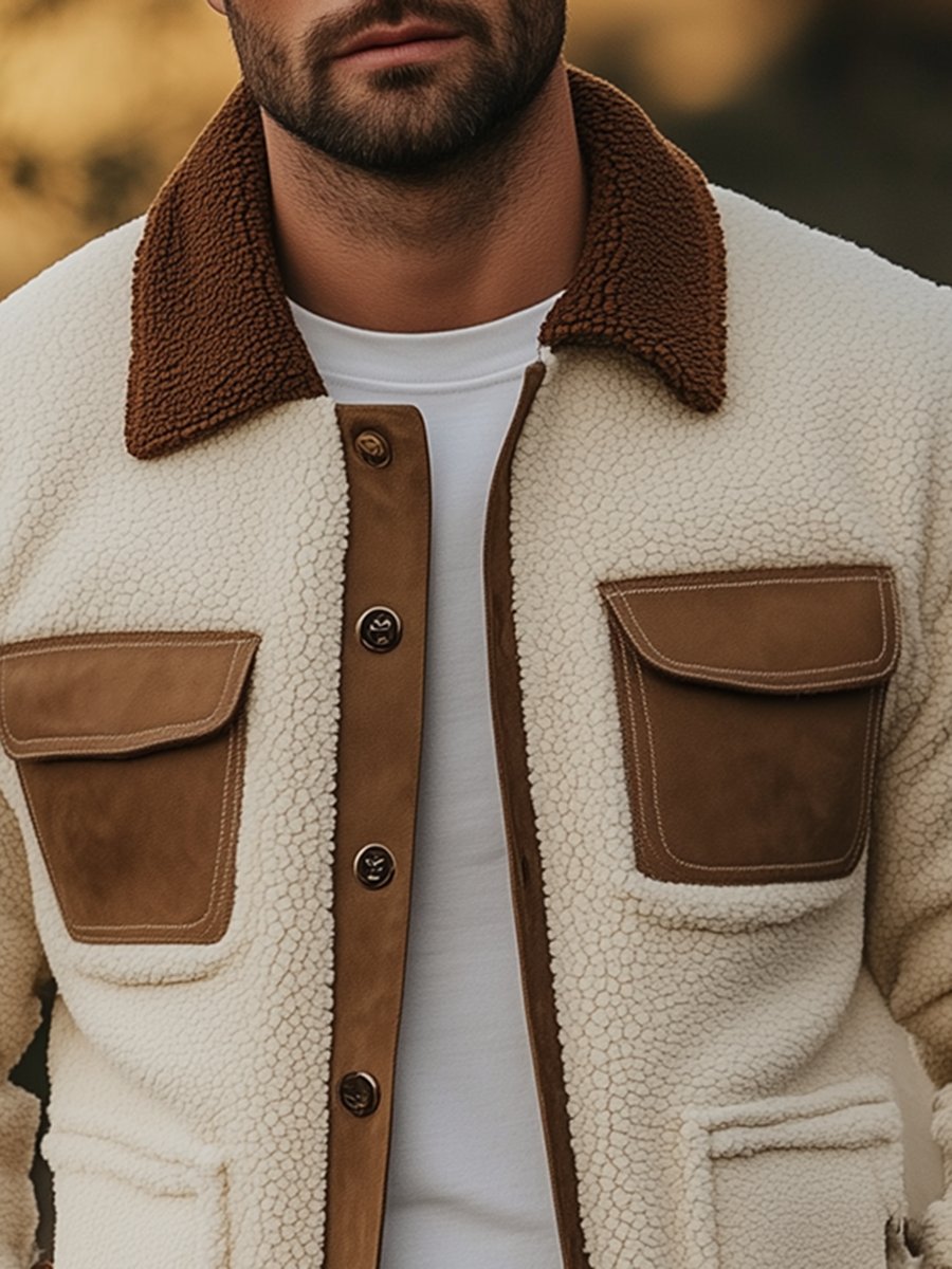 Ležérna semišová patchworková bunda s klopou, viacerými vreckami, z polar fleecu - štýlová a funkčná