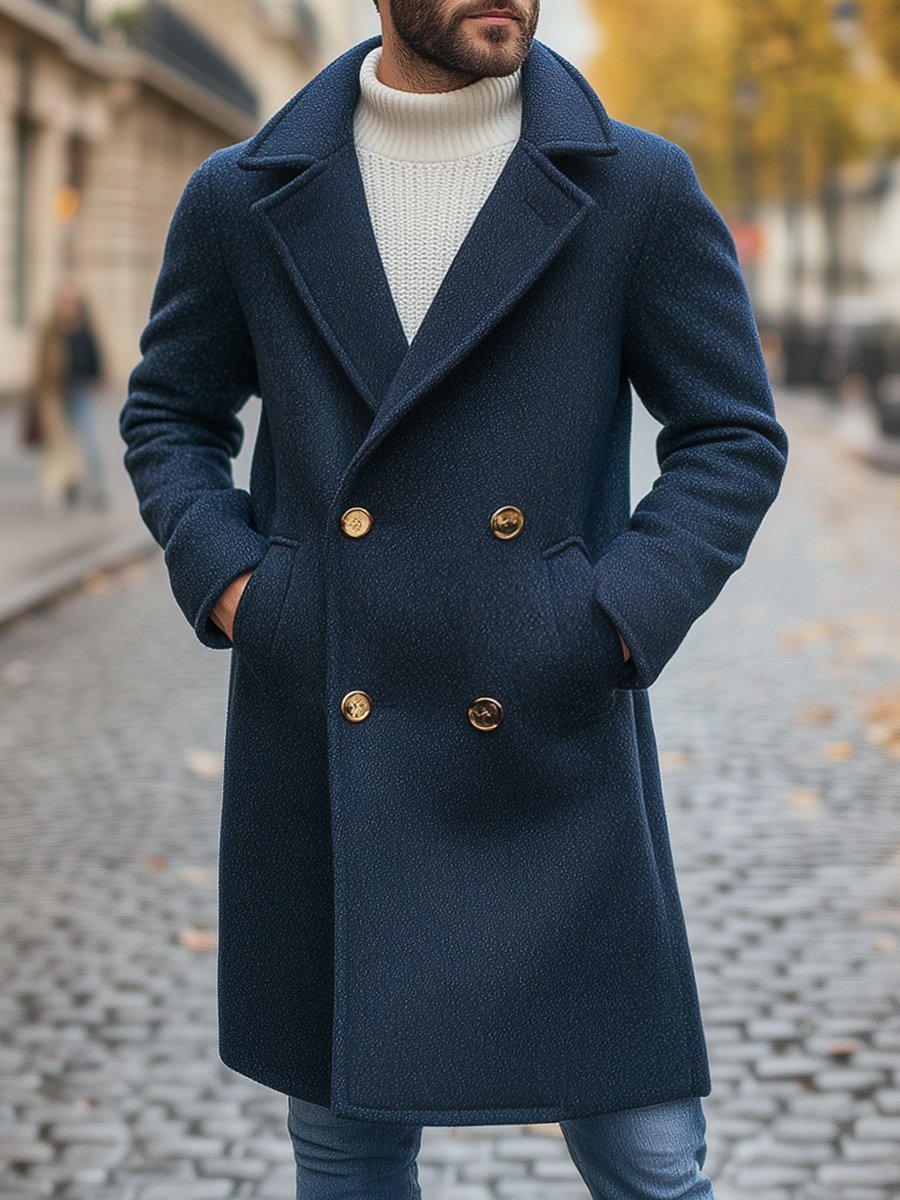 Pánske retro kaplnkové dvojradové dlhé vlnené sako - nadčasová elegancia