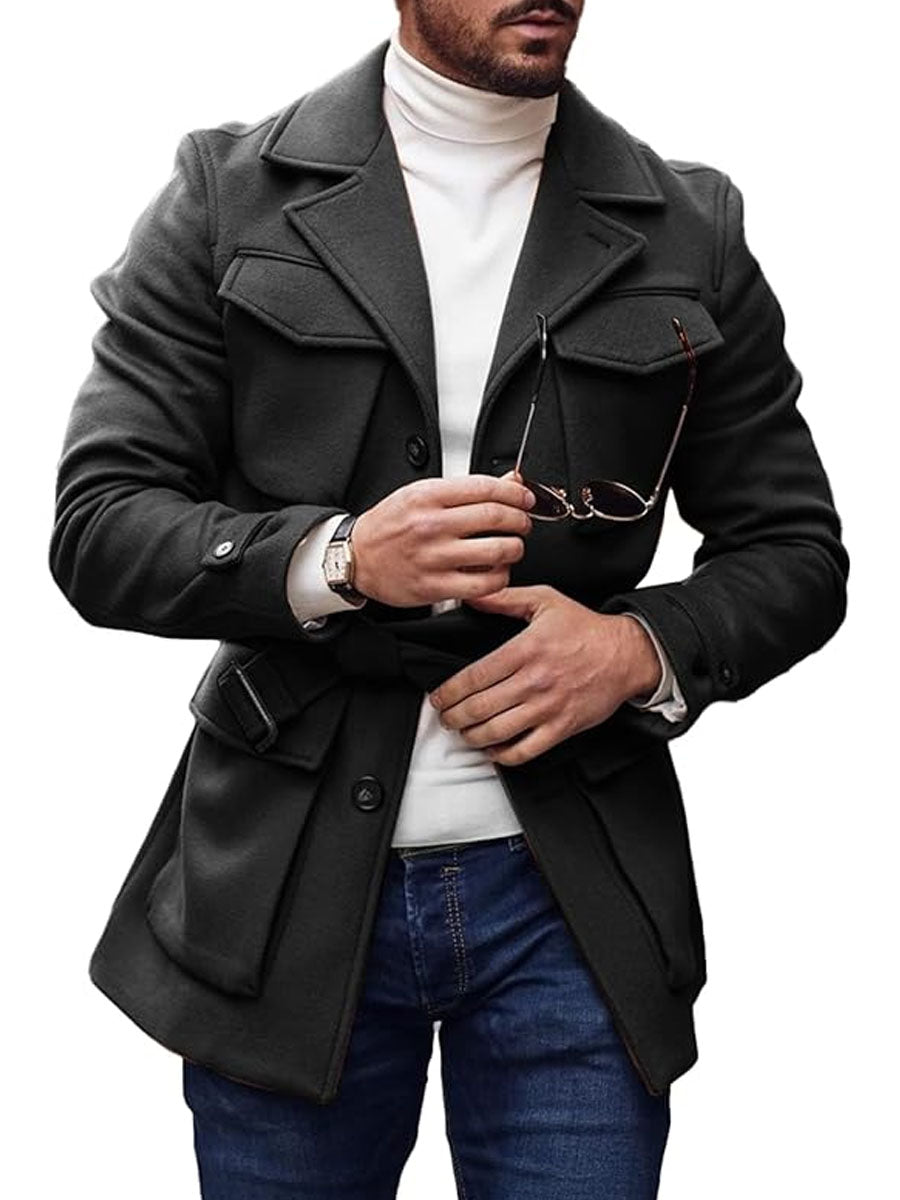 Jednofarebná bunda s viacerými vreckami s klopou a šnurovaním z vlny - elegantná a pohodlná