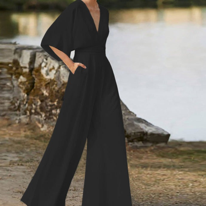 Devako SOPHIA - Eleganter V-Ausschnitt Jumpsuit mit Halben Ärmeln und Weitem Bein