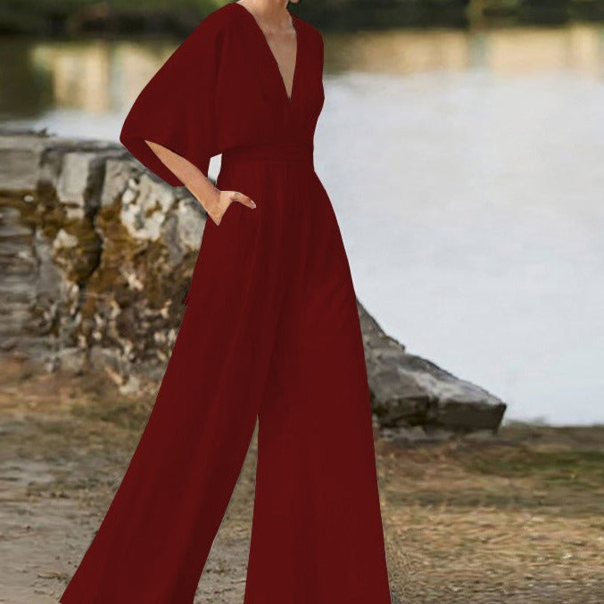 Devako SOPHIA - Eleganter V-Ausschnitt Jumpsuit mit Halben Ärmeln und Weitem Bein