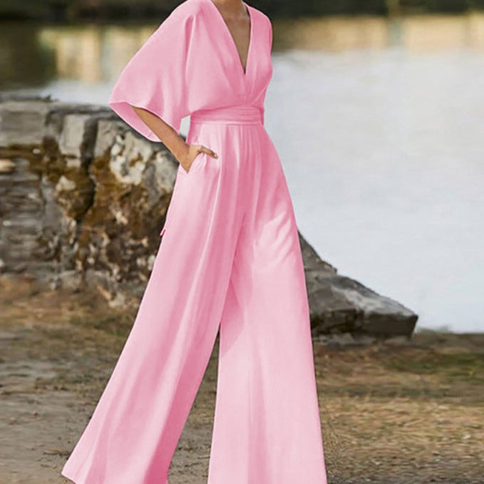 Devako SOPHIA - Eleganter V-Ausschnitt Jumpsuit mit Halben Ärmeln und Weitem Bein