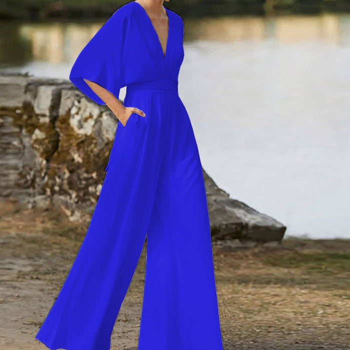 Devako SOPHIA - Eleganter V-Ausschnitt Jumpsuit mit Halben Ärmeln und Weitem Bein
