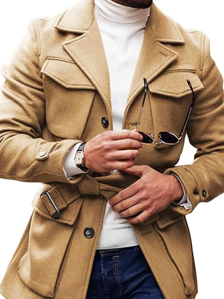 Jednofarebná bunda s viacerými vreckami s klopou a šnurovaním z vlny - elegantná a pohodlná