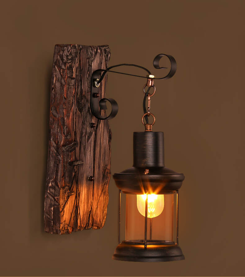 AquaChrono | Zylinder Wandleuchte mit Glas, Eisen und Holzsockel