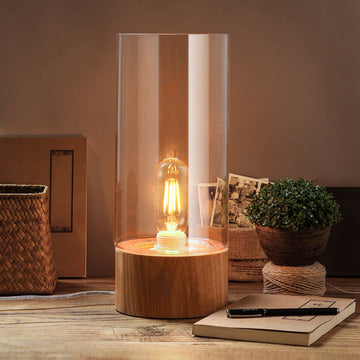 Lumeo - Lampada da comodino cilindrica elegante con base in legno