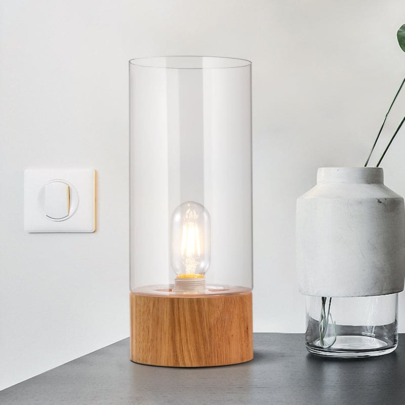 Lumeo - Lampada da comodino cilindrica elegante con base in legno