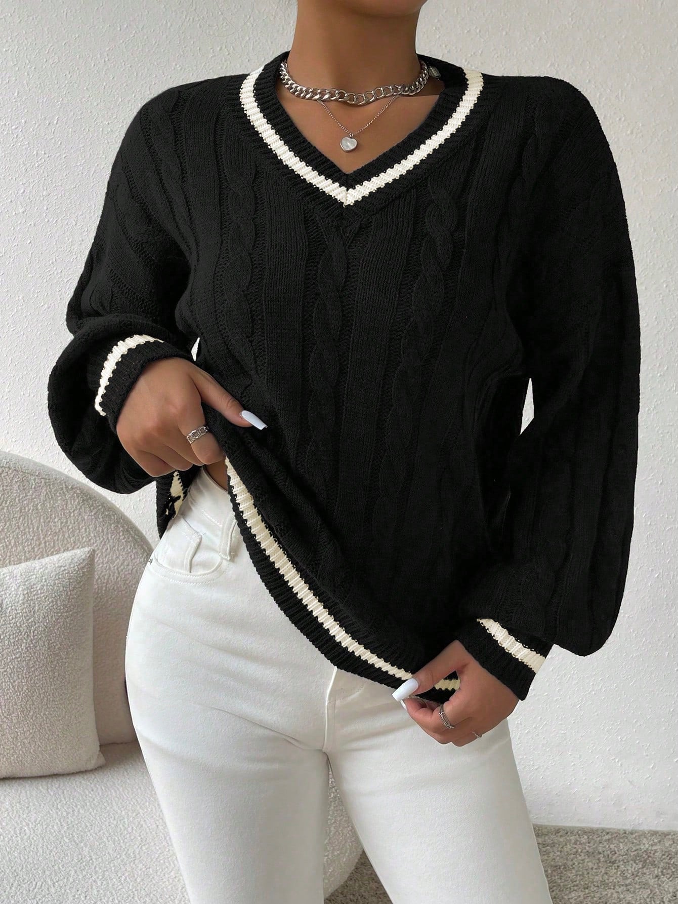 Ywenna pullover | afslappet stribet fletstrikket pullover til kølige dage